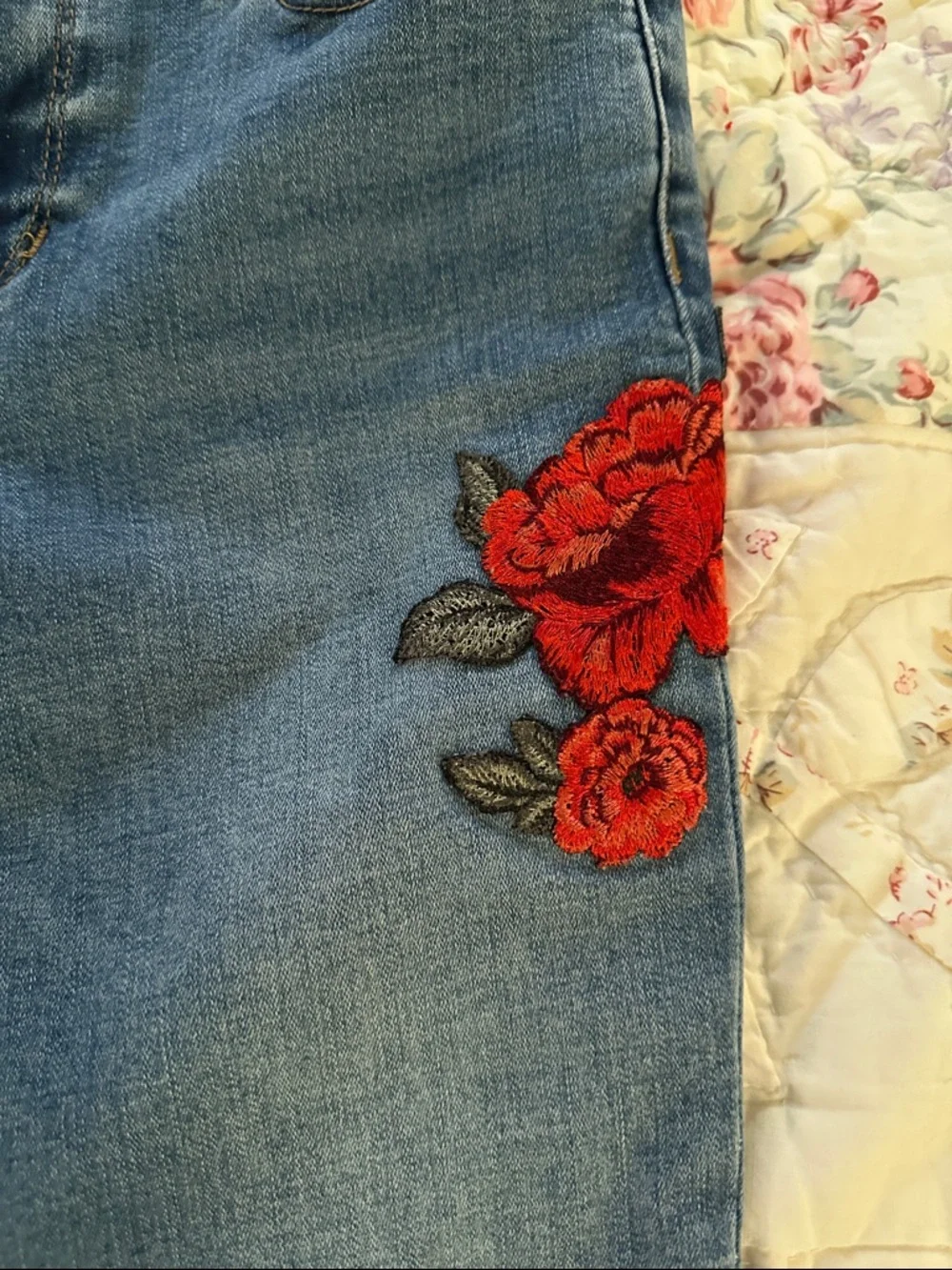 PacSun Blue Skinny Jeans with Red Rose Patches